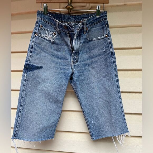 Levi’s blue long shorts, distressed, side blue streak, zip fly closure,W29L34 - Picture 1 of 12